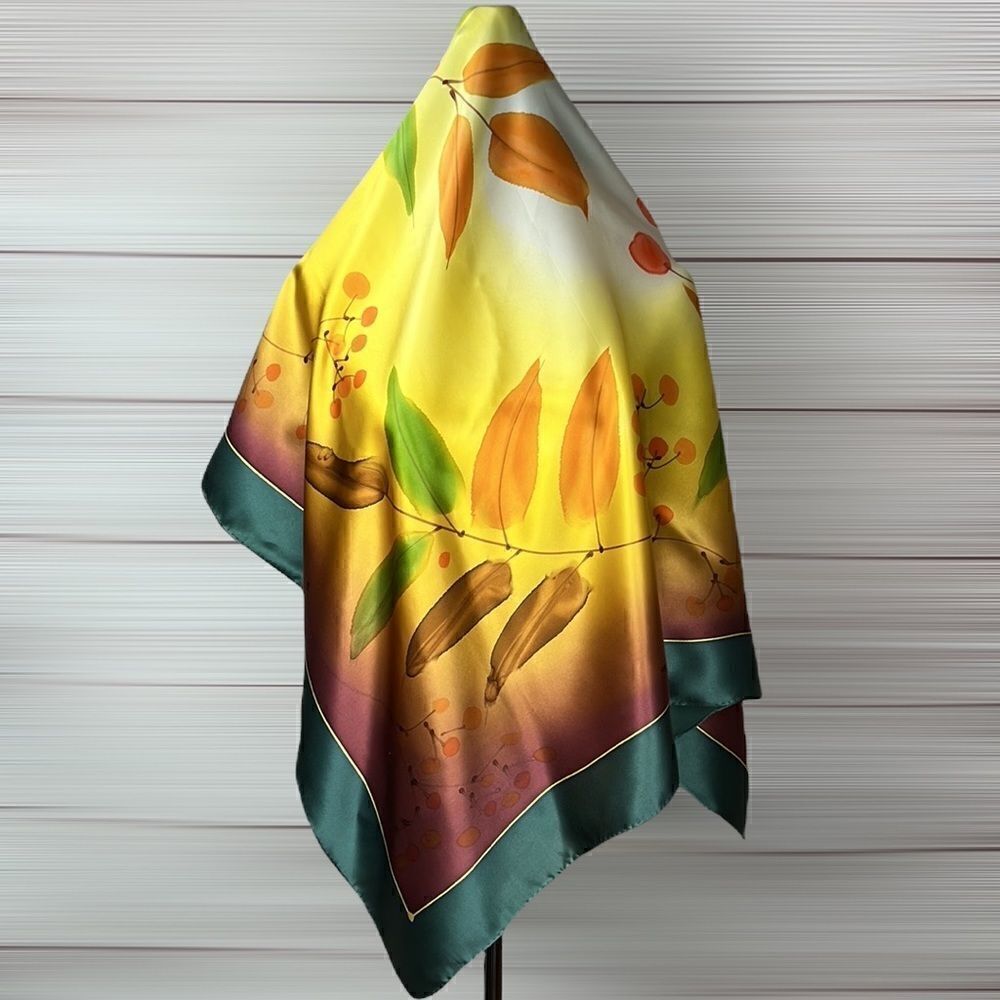 Shanghai Silk Large Square Scarf Hand Rolled Green Gold Leaf Pattern